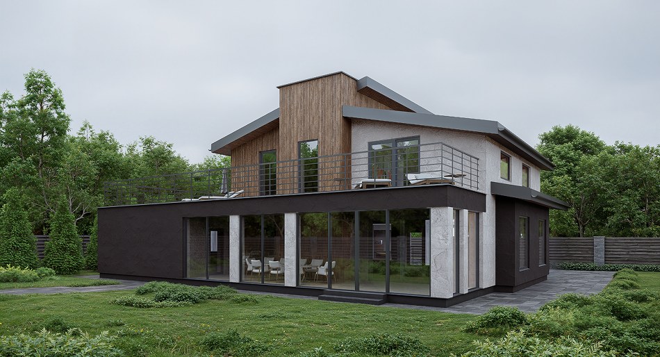 Modern house exterior with garden